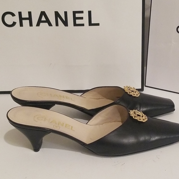 CHANEL Shoes - SOLD! Chanel Leather Mules Heels CC Logo 8 7.5